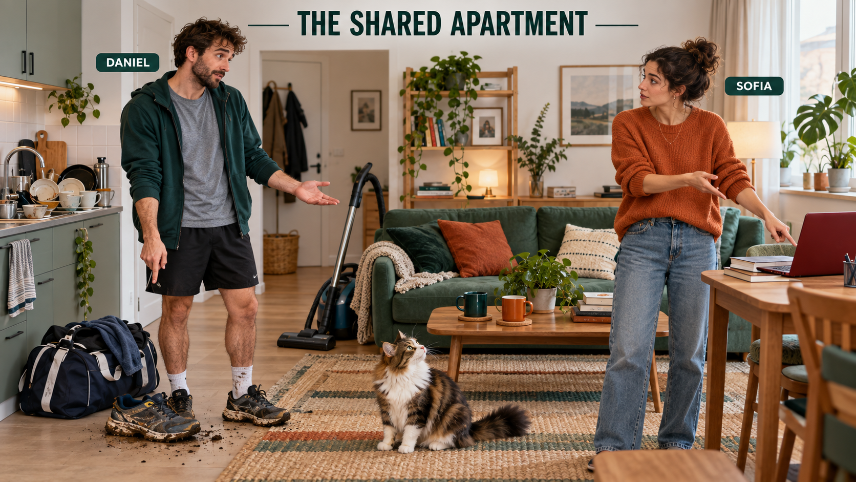 Daniel and Sofia in their shared apartment with muddy shoes, a sports bag, laptop, books, dishes, vacuum cleaner and cat