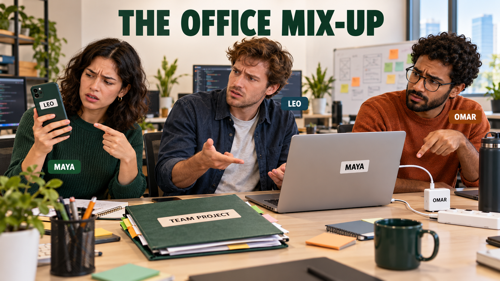 Maya, Leo and Omar in an office with mixed-up phones, laptop, charger and project folder