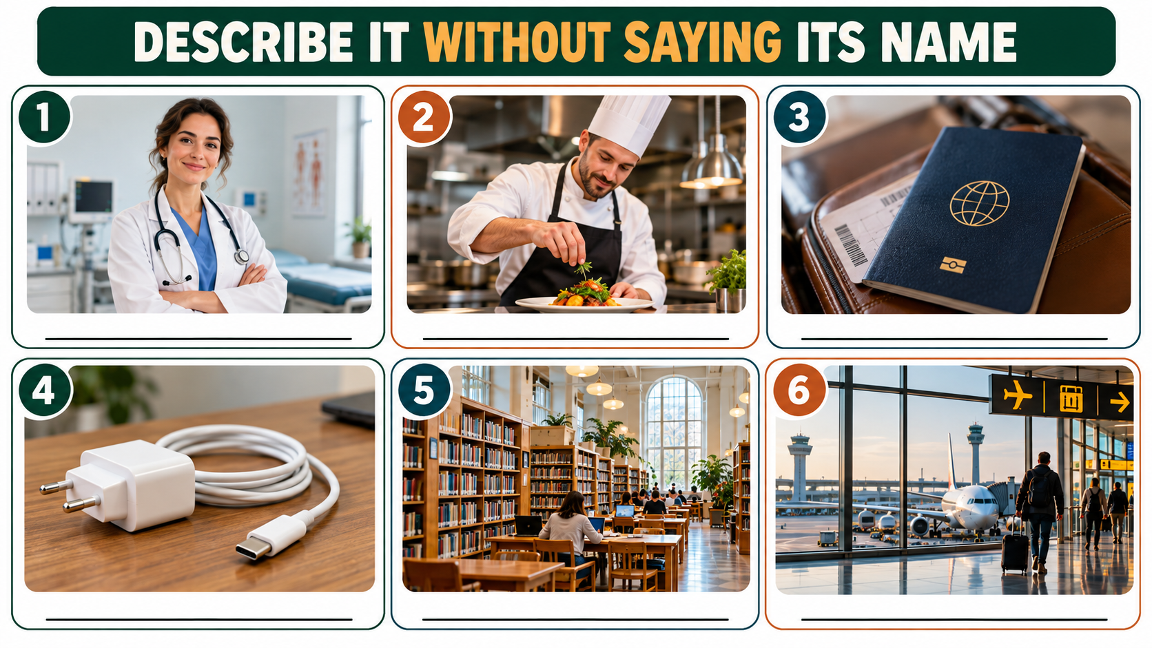 Six picture cards showing a doctor, chef, passport, phone charger, library, and airport