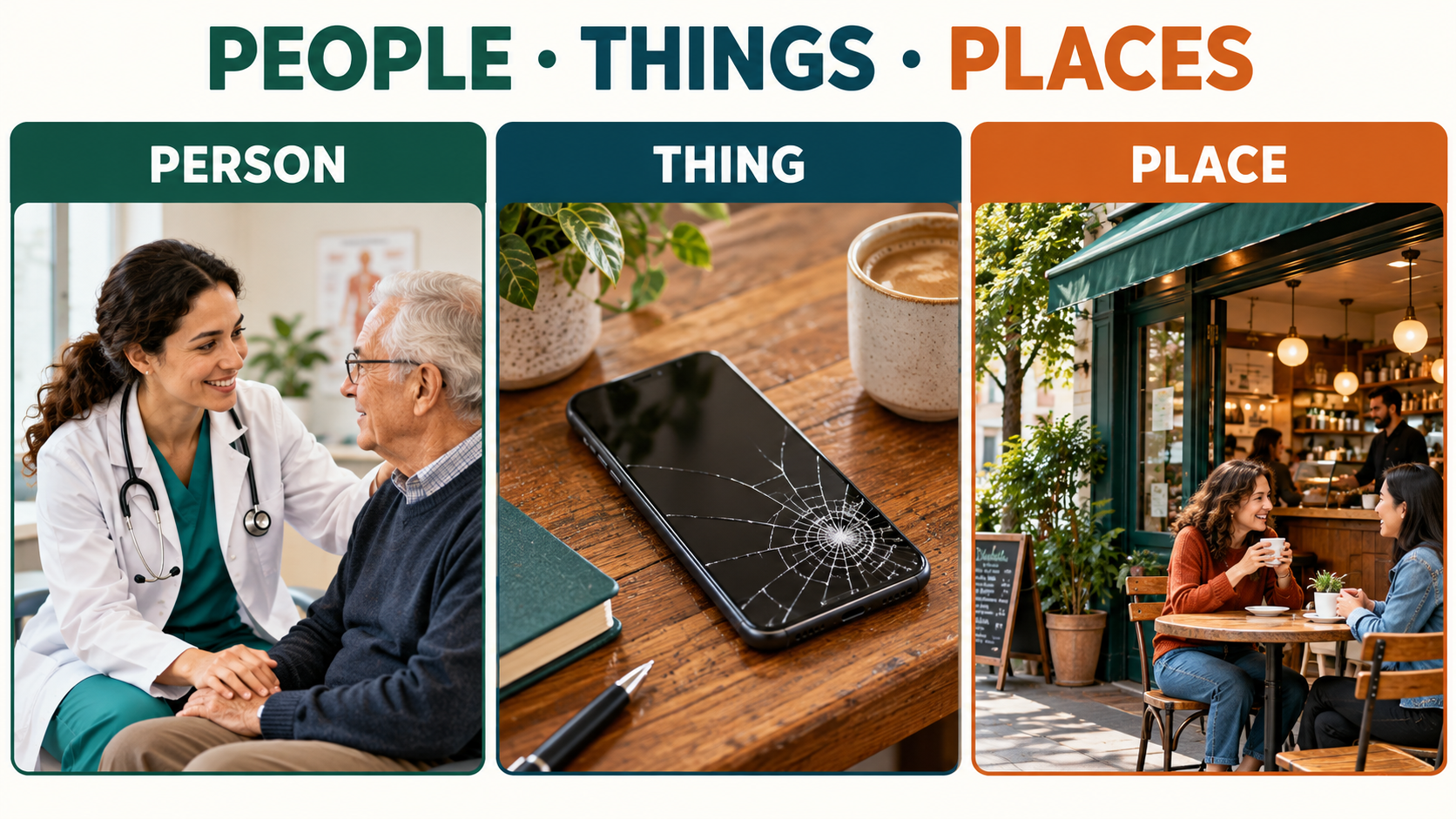 A doctor helping a patient, a damaged phone, and people meeting at a café