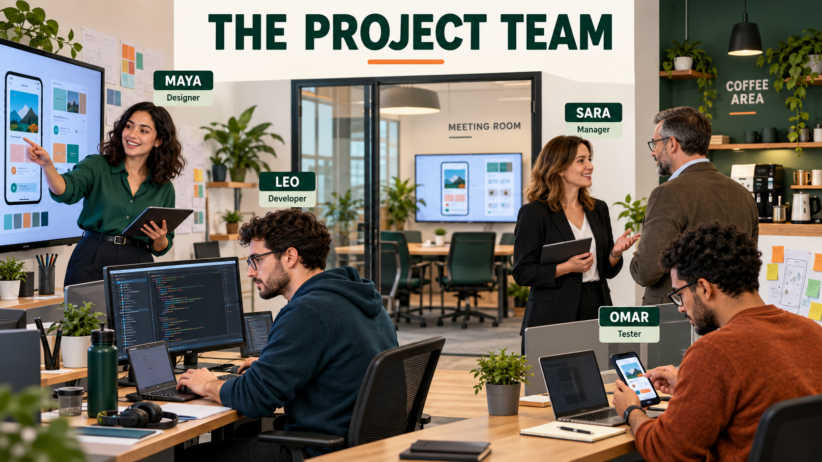 Project team members Maya the designer, Leo the developer, Sara the manager, and Omar the tester in their office